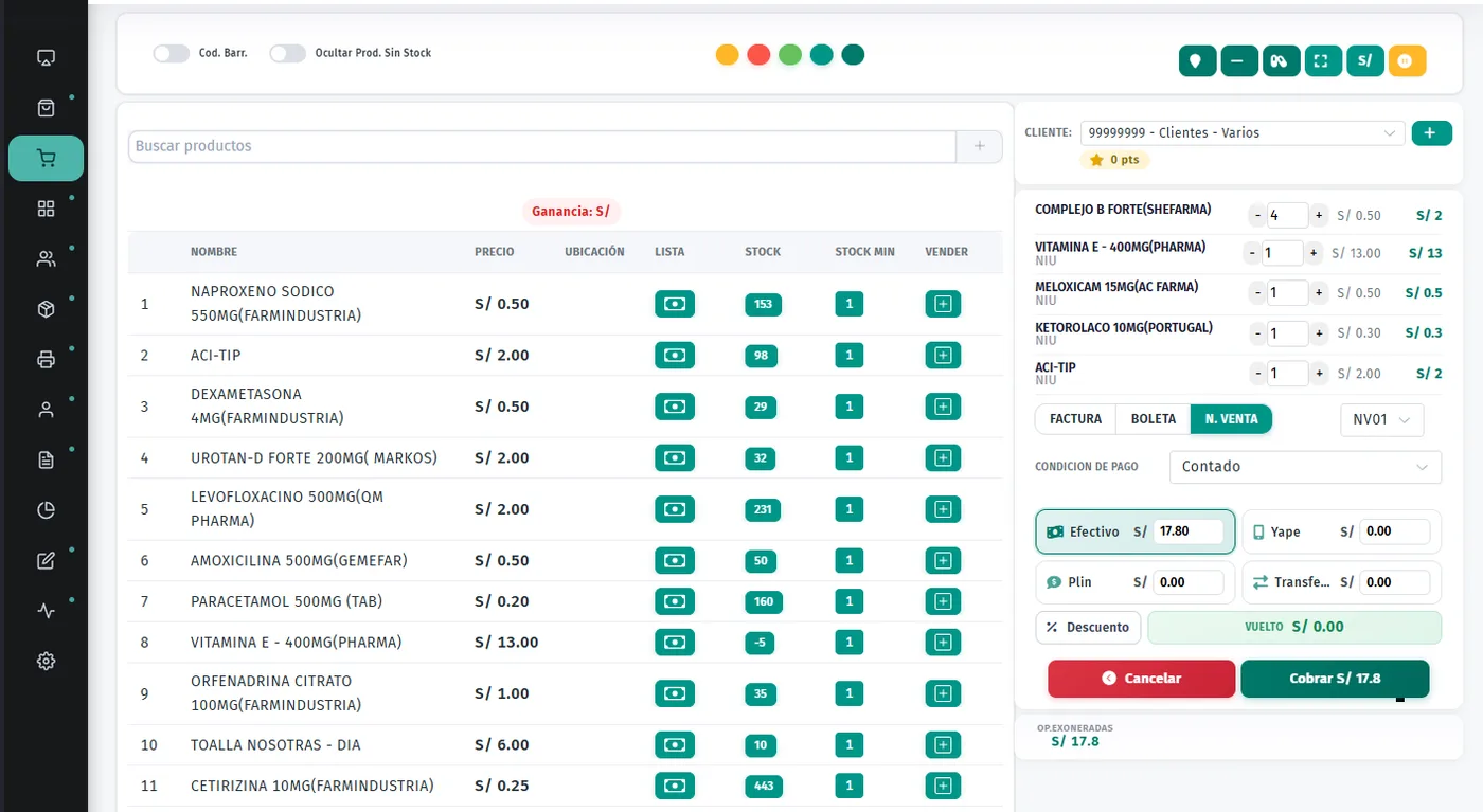 Pantalla del POS de Sysfarma: lista de medicamentos con stock, carrito activo y cobro con Yape/Efectivo